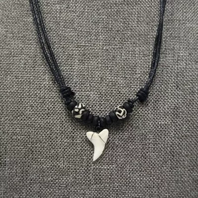 Fossil Shark Tooth Pendant Surfer Necklace For Men | Wood Beads • $15.95