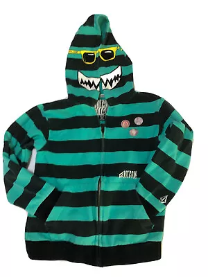 VOLCOM Boys Striped Black/green Zipper Hoodie Shark With Sun Glasses Sz 6L. • $84.97