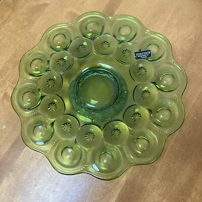 Rare Vtg.LE Smith Moon & Stars Green Glass 13”x 2” Cake Stand Heritage W/Sticker • $39.99