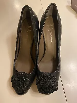 B.Makowsky Women Black Leather 3.5  High Heel Studded Flower Pump Shoes Size 7.5 • $59.99