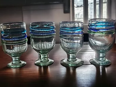 Mexican Hand Blown Recycled Wine Goblet Glasses Mexico Green Cobalt Blue X4 • $31.99