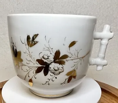 Vintage Mustache Coffee Mug/Cup White With Gold Flowers & Bamboo Handle • $9.99