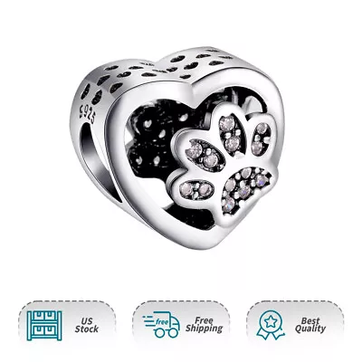 Authentic Heart-shaped Paw Print Charm 925 Sterling Silver Women Bracelet Charm • $17.98