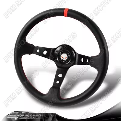 Universal 6 Hole JDM 350mm Black PVC Leather Racing Steering Wheel Red Stitches • $42.50