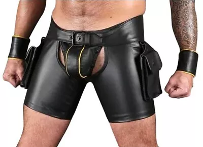 Men's Real Leather Chaps Shorts Colored Trims Detachable Codpiece & Cargo Pocket • £106.80