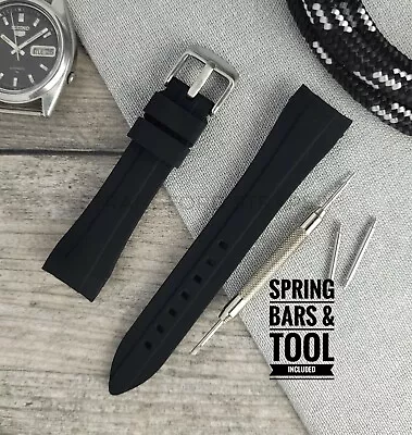 Black 20mm Curved End Silicone Rubber Watch Strap | Designed For Rolex Omega  • £19.95