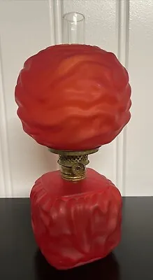 Antique Red Satin Glass Miniature Oil Lamp P&A Burner Drape Design • $125