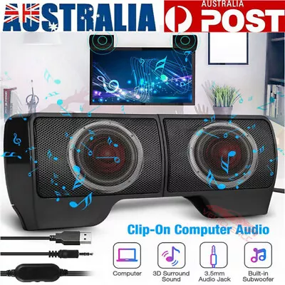 PC Stereo Sound Computer Speakers 3.5mm USB Clip-On Soundbar For Desktop Laptop • $13.59