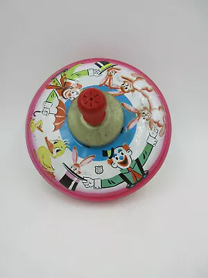 VINTAGE J CHEIN & CO CIRCUS TIN SPINNING TOP TOY WOOD HANDLE Duck CLOWN Bunny • $29.99