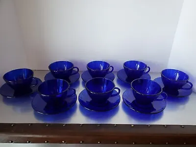 16 Pc Duralex Vereco Bormioli Rivage Cobalt Blue Swirl Tea Coffee Cups Saucers • $60