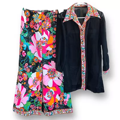 Vintage 60s Women’s Mr.Dino Pant Set Sheer Black Tunic Colorful  Floral Flares • $299.95