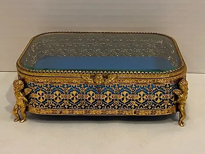 Vintage Gold Filagree Cherub Angel Beveled Glass Trinket Jewelry Box • $49.99