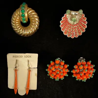 VTG Jewelry Lot Orange Green CORO Brooch NOS Earrings 4pc FREE SHIPPING JCS • $24.99