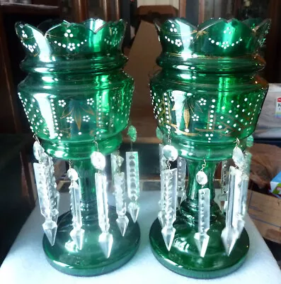 Pair Of Antique Victorian Art Glass Emerald Green & Gilt Mantle Lusters W/Prisms • $319.94