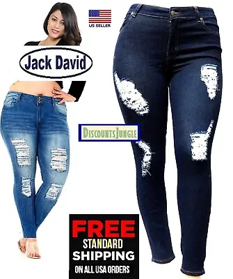 Jack David / H&Y WOMEN'S HIGH WAIST PLUS SIZE Destroyed SKINNY Jeans Stretch  • $28.95