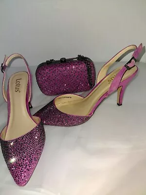 Lotus Brand New Fuchsia Pink Purple Shimmer Shoes & Matching Bag Uk 5 38 • £57