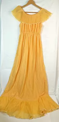 Poland Night Gown Acetate Size M Long Egg Yolk Yellow Chiffon Accent Lace 80s • $39.99