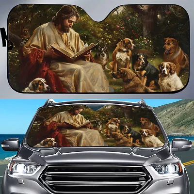 Jesus Reading Bible Car Auto Sunshade Jesus Dog Garden Flower Windshield UV Bloc • $39.98