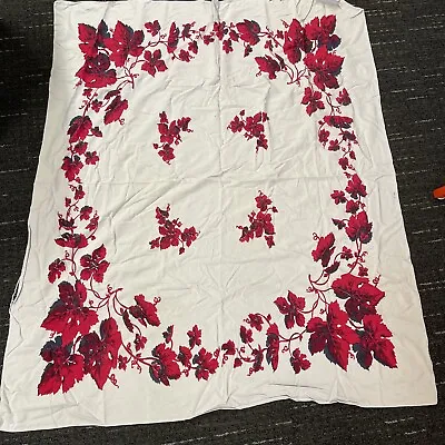 VINTAGE 1940-50’s TABLECLOTH Red GRAPE LEAVES Grey 54 X 45 • $18.99