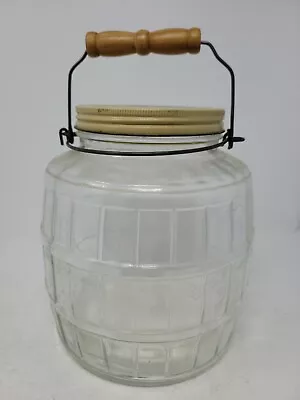 Vintage DuraGlass(?) Large Barrel Glass Screw Top Pickle Jar Wire Wood Handle • $73.99