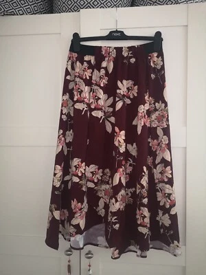 $18.25 • Buy ZARA SKIRT L Large Burgundy Floral Pull On Elasticated Waist Side Split 
