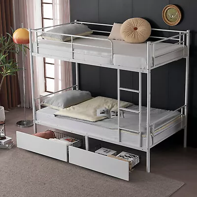 Metal Twin Over Twin Bunk Bed Frame With Ladder 2 Drawer Kids Adult Bedroom Dorm • $197.95