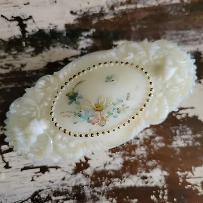 Small Antique Milk Glass Oval Trinket Box W/ Painted Flowers Lion's Head Detail • $36