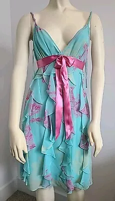 Bcbg Maxazria Fit And Flare Aqua Floral 100% Silk Dress Size Small  • $35