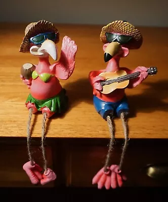 $19.95 • Buy 2 FLAMINGO Figurines Luau Grass Hula Skirt Coconut Tropical Drink Tiki Bar Decor