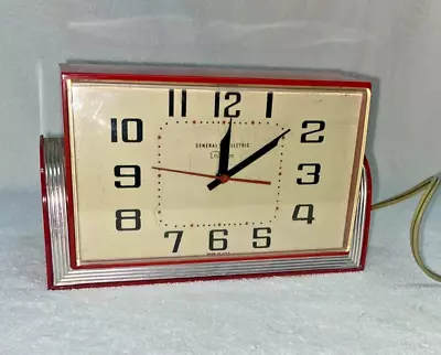 Vintage 1950s Art Deco Hit Rod Red General Electric Telechron Clock 2H47 READ • $9.99