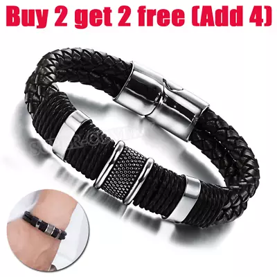 Men's Stainless Steel Leather Bracelet Magnetic Silver Clasp Bangle Black UK • £3.40