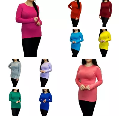 Womens Long Sleeve Round Neck Plain Basic Ladies Stretch T-Shirt Top UK 8-26 • £5.99