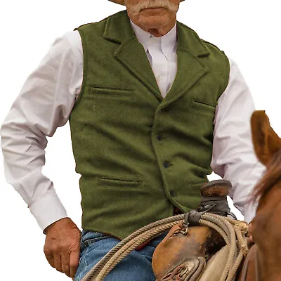 Mens Retro Vest Vintage Farmer Tweed Cowboy Herringbone Casual Hunting Waistcoat • $25.17