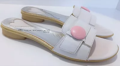 Manas Lea Foscati Made In Italy White Flat Slides Shoes Pink Button 38 / 8 • £18.99