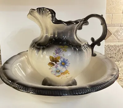 HANDPAINTED Black Ivory FLORAL CERAMIC BOWL AND PITCHER 10  T Bowl 15” W • $65