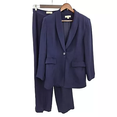 Amanda Smith Vintage 100 Silk Tailored Pantsuit Sz 10 Navy Blue Work Office • $69.88