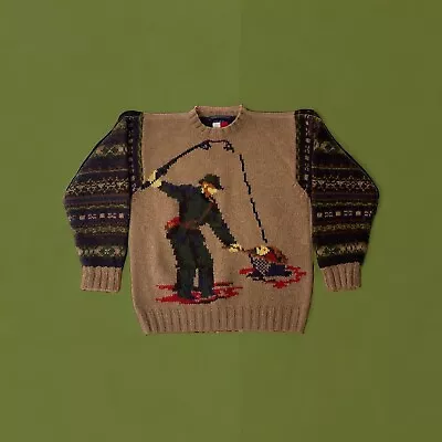 Vintage Tommy Hilfiger 100% Wool Sheltand Sweater Sportsman Outdoors Fishing Med • $69.99
