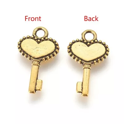 Key Charms Antique Gold Tone Heart Steampunk Supplies 2 Sided Miniature 17mm 10p • $2.86