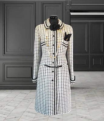 Chanel Coat/dressvintage Ivory/black Wool Bouclecrochet Trimsize40/8 • $2400