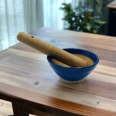 Blue Suribachi Mortar Bowl W/ Wooden Pestle Ceramic Japanese MADE IN JAPAN • $18.39