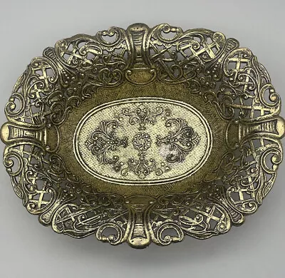 Vintage Filigree Brass Oval Pierced Metal Bowl Dish Ornate Lattice 9.5  X 7.5  • $29.99