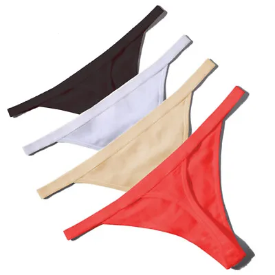 4 Pack Thongs Women's Sexy Underwear Cotton Breathable G String Solid T-Back • £4.79