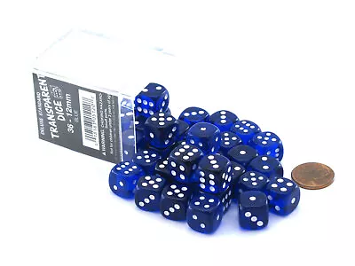 Case Of 36 Deluxe Transparent Small 12mm Round Edge Dice - Blue With White Pips • $16.90