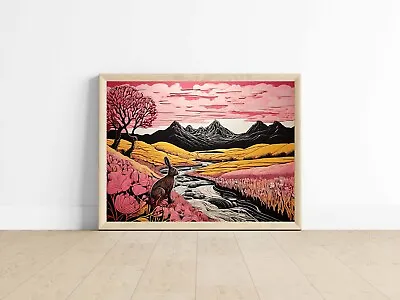 Linocut Hare Print Art Print Linocut Cards Linocut Wall Art Landscape Print Home • £3.49