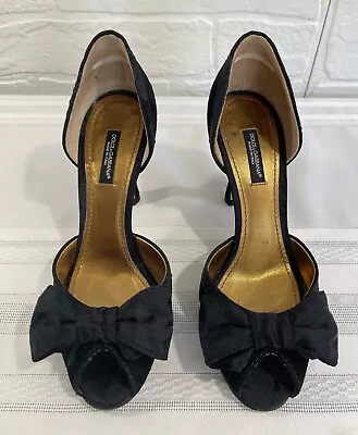 DOLCE & GABBANA Black Suede Peep Toe Pumps Heels Shoes Satin Bow EU36 / US6 EUC! • £86.77
