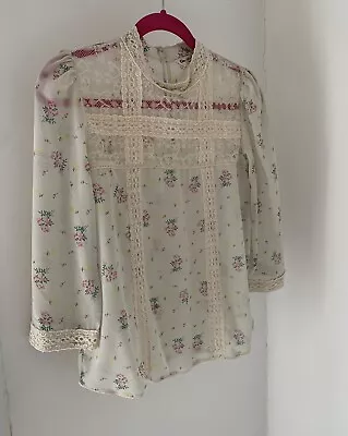 Miss Selfridge Cream Sheer Embroidered Floral Flower Lace High Neck Blouse UK 10 • £4