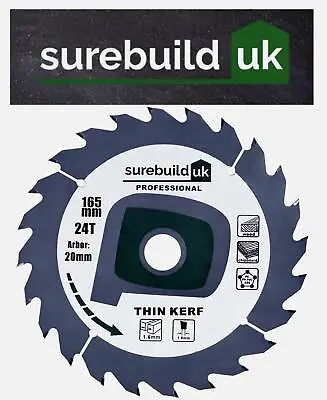 £11.95 • Buy Surebuild 165mm X 24T X 20mm Cordless Thin Kerf Wood Trim Saw Blade, SBB1652420