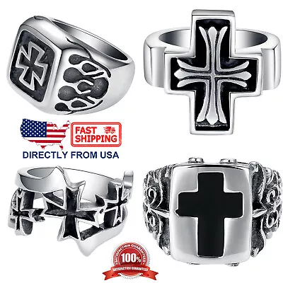 Men's Stainless Steel Gothic Biker Cross Religious Ring (Size 7 To 12 US Seller) • $9.95