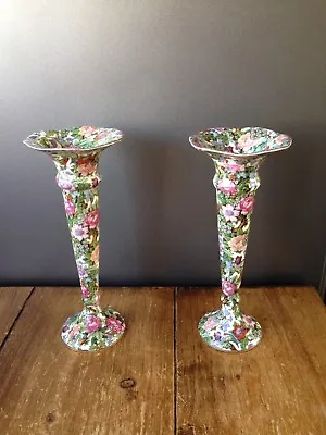 Pair Of Art Deco Crown Ducal Floral Victoria Chintz Bud Vases / Candle Holders • £70