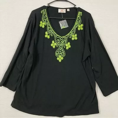 New Quacker Factory Black Green Embellished Cotton Stretch Top Size XL • $26